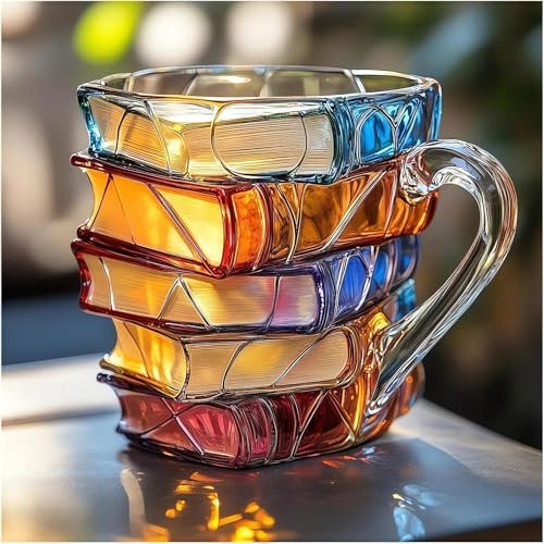 Tazza da caffè dipinta, 325 ml, in vetro colorato, per amanti dei libri, con manico isolato, per bere bevande calde e fredde