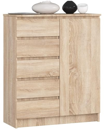 AKORD Kommode K80 mit 5 Schubladen, Schrank mit 1 Tür 3 Regalböden, Für das Wohnzimmer Schlafzimmer, Moderne, 16mm Laminierte Platte, B80xH97xT35 cm, Farbe Sonoma-Eiche & Sonoma-Eiche