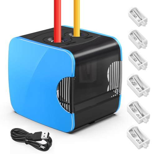 PITMT Elektrischer Anspitzer, Anspitzer mit Behälter Elektrisch für Kinder, Batterie und USB Betrieben Spitzer mit Dose, 2 Größen Bleistiftspitzer Dicke und Dünne Stifte mit 4 Ersatzmesser(Blau)