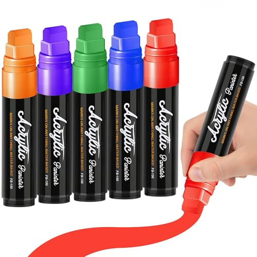 MEHVOR Acryl Marker, Acrylstifte 5er Set, 15mm Extrabreite Spitze, Permanent Acrylfarbe für ，Roc, Glas, Auto,Stoff,Malerei,Büro