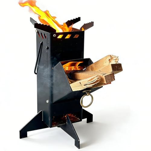LANYANZI Tragbarer Holzofen Raketenofen, kompakter Outdoor-Campingkocher | Für Kochutensilien in verschiedenen Größen, mit Ständer, Outdoor-Rucksackreisen, Wandern, Grillen, Picknick, schwarz