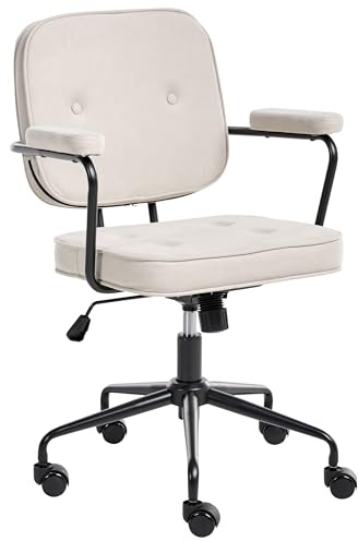 Beliani Traditional Office Chair Velvet Swivel Adjustable with Armrests Light Beige Pawnee