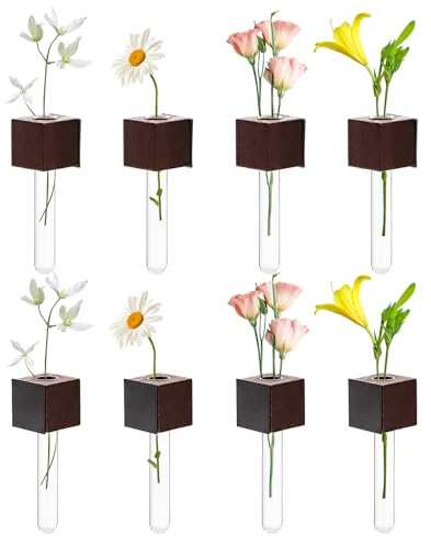 8Pcs Mini Vase Fridge Magnets, Wood Flower Arrangement Test Tube Refrigerator Magnet Stickers for Fridge Decoration，Hydroponics Plant Art Vase for Kitchen Locker Office Dec (Walnut)