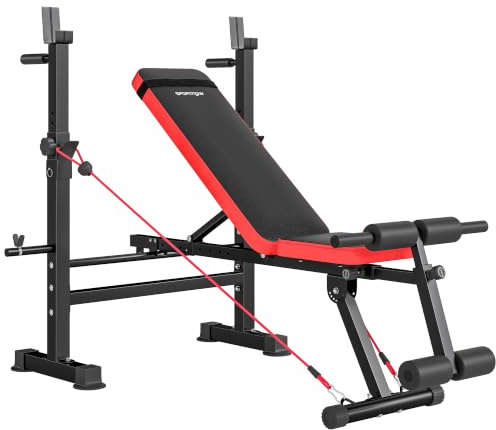 SPORTNOW Panca Palestra Multifunzione con Sedile, Supporto Bilanciere e Schienale Regolabili, Panca Pesi con Dip Station, Leg Extension, Addominali, 2 Bande, Carico 420kg, Allenamento Palestra Casa