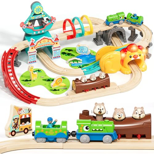 Lehoo Castle Holzeisenbahn, Dinosaurier Lokomotive, Freizeitpark Holz Eisenbahn Kinder mit Löwentunnel, Holzeisenbahn Zubehör, Holzspielzeug für Kinder ab 3 Jahren