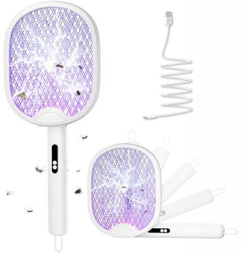ZOVHYYA Elektrische Fliegenklatsche extra stark 4000 V, 3 in1,Weiß | USB-C Akku,1800 mAh, LED-Licht, Automatikmodus, USB-C, klappbar, wandmontierbar