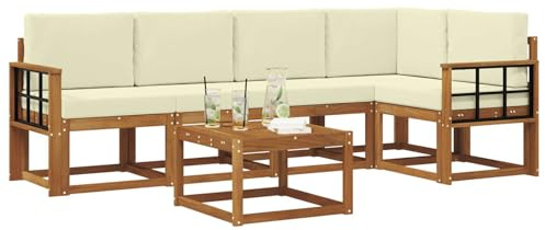 vidaXL Outdoor-Sofagarnitur mit Kissen 6 pcs Natur und Creme, Cooles Garten-Sofa, modernes Outdoor-Eckmöbel, langlebige Terrassen-Sitzgelegenheit, gemütliches Lounge-Set für die Terrasse