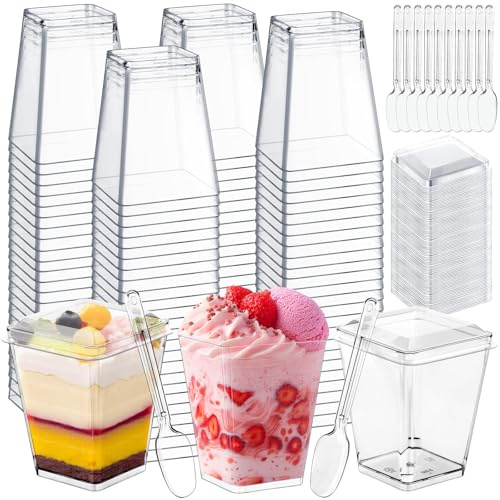 50 Verrines Dessert avec Cuillères,5OZ/160ML Verrines Plastique Carrées,Réutilisables Verrines avec Couvercle,Coupes Dessert Transparentes Pour Mousse Pudding Glace Buffet Fête Anniversaire Pique-niqu