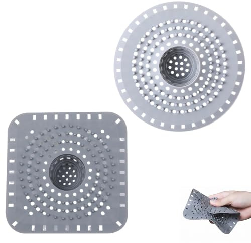 2 Piezas Atrapa Pelos Ducha de Silicona, Filtro Desagüe Ducha y Colador Fregadero Cocina, Rejilla Desagüe Cuadrada y Redonda para Baño y Bañera, Tapa Desagüe Anti-obstrucción, Gris
