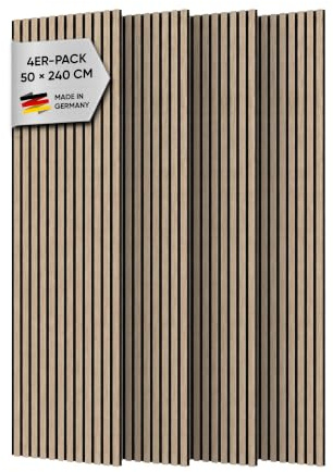 IZODEKOR Akustikpaneele Holz, 3D Akustik Wandpaneel - 4 Stück, 50x240 cm - Wandverkleidung aus Holzleisten, Dekorative Wandpaneele aus Holz, MDF-Paneele | Walnut