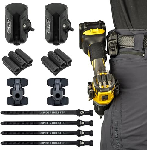 Spider Tool Holster - Quad Tool Kit - 2 Selbstklebende Tool Tabs + 2 BitGripper + 2 selbstsichernde Gürtelhalterungen zum Mitführen von Werkzeugen wie Akkuschrauber, Akkubohrer, Hammer