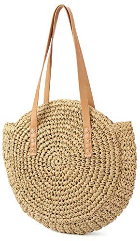 CHIC DIARY Bolsa de paja para mujer, bolso cruzado retro, redondo, bolso de playa, bolso de la compra, bolso de cesta, bolso de la compra, camel, Einheitsgröße