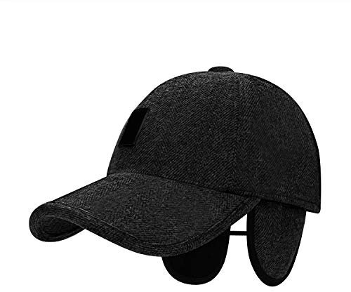 Homme Casquette d'hiver en Laine Epaisse Thermique Casquette de Baseball avec Oreillettes Pliant Coupe-Vent Anti-Neige Chapeau de Cyclisme Moto Ski Snowboard Chasse Réglable,Noir,Taille unique