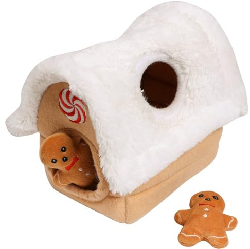 Hide & Seek Dog Toys for Boredom, Festive Gingerbread House Interactive Plush Puzzle Brain Training IQ Dog Toy with 3 Squeak Toys