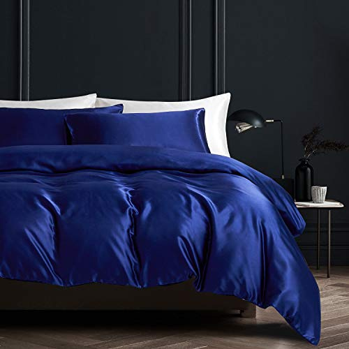 Boqingzhu Bettwäsche Satin 155×220cm Marine Blau Glanzsatin Seide Luxus Bettwäsche Set Bettbezug und Kissenbezug 80x80cm mit Reißverschluss