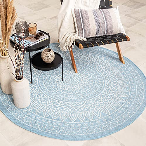 FRAAI | Home & Living In- & Outdoor Teppich Rund - Summer Azteca Hellblau - Wetterfest - Polypropylen - Flachgewebe - Balkon, Garten/Terrasse - Terrasse - Rug