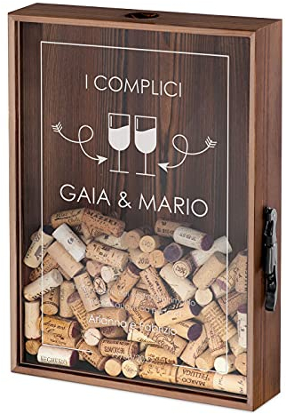 Maverton Raccogli tappi di sughero o birra - con stampa personalizzata - in legno - cavatappi per vino e birra con un coltellino - scatola porta tappi - idee regalo - complici