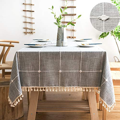 SUNBEAUTY Tischdecke Abwaschbar Grau 140x200 Tischdecke Leinen Baumwolle Tischtuch Rechteckig mit Quasten für Home Küche Speisetisch Dekoration