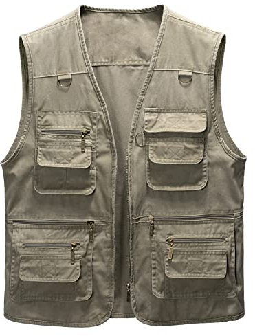 Oralidera Herren Outdoor Weste Freizeit Jacke Leicht Safari Weste mit Reißverschluss Jagd und Angler Fotografie Wandern Weste Anglerweste mit Vielen Taschen, Khaki, 4XL