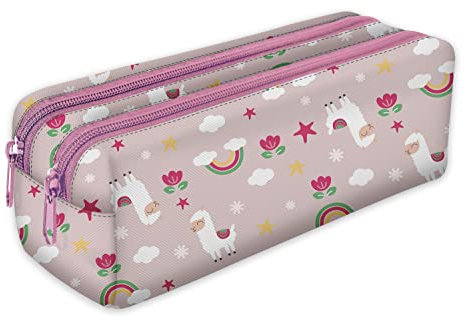 Trousse scolaire 2 compartiments Sac a Crayon Trousse de toilette Trousse Plumier Organisateur Lama Rose [107]