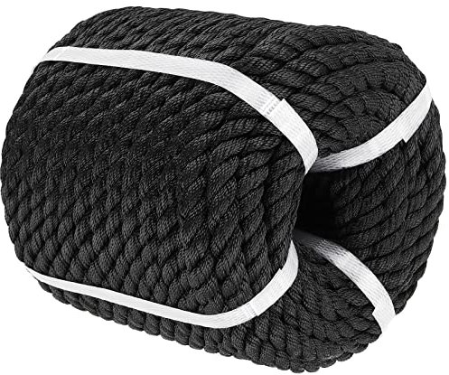 KOHAND 1/2 Inch x 98 Ft Black Polyester Rope, 3 Strand Braided Rope, Weather Resistant Strong Pulling Rope for Crafts, Dock Lines, Towing