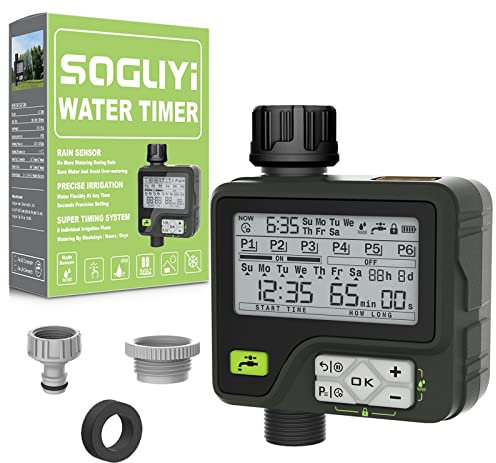 SOGUYI Temporizador Riego Automatico con 6 Programas de Riego, Frecuencia de Ciclo de Semana/Días/Horas, Sensor de Lluvia Programador Riego, Programador de Riego a Pilas