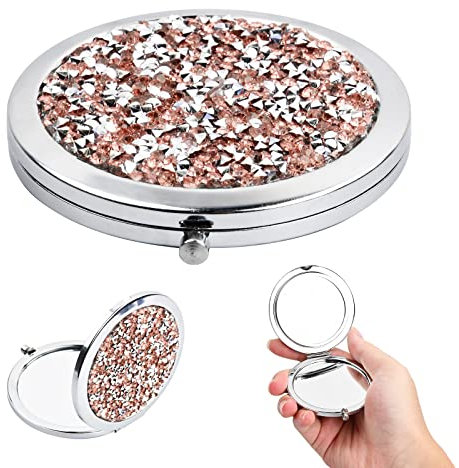 KYSUN Miroir de Poche Maquillage avec Grossissement x1 / x2, Rond Pliable & Portable, 7 cm, Idéal pour Femmes Filles Voyage Travail École Maison, Diamant Rose