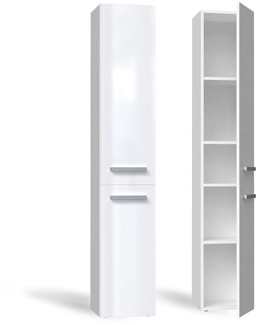 CDF Tall Bathroom Cabinet Slim Bathroom Storage Cabinet Freestanding Narrow Storage Unit 2 Doors 5 Shelves Closed Compartments for Small Spaces without Laundry Basket Glossy White 30x31x174 cm