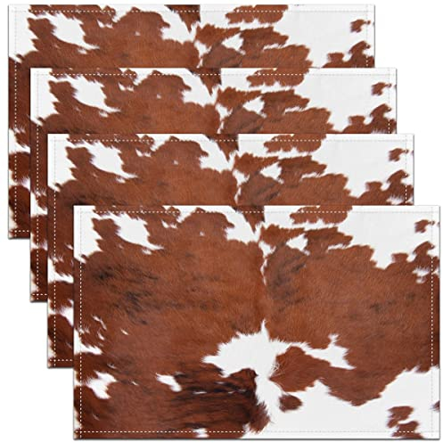 Kuh Drucken Tischsets 30x45 4er Set, Braun Weißes Kuhfell Platzsets, Bauernhof Tierhaar Abwischbare Tischsets Milch Western Cowboy Rustikale Tischsets Esstisch Küche Dekor