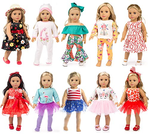 ZQDOLL 19 pcs American Doll Clothes Gift for 18 inch Doll Clothes and Accessories, Including 10 Complete Sets of Clothing