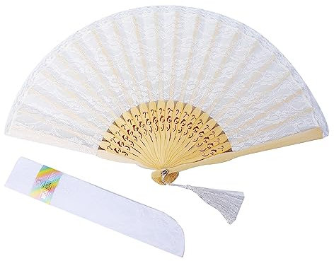 Royal Hong Beauty Japanese Chinese Bamboo Folding Bridal Hand Fan, White Lace Fans for Women, Handmade Vintage Retro Fan Foldable Handheld for Wedding Tea Party Dancing Decorations-White Lace