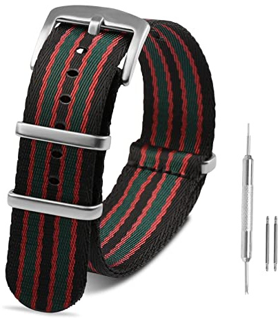 RoYiio 20mm / 22mm Ballistic Nylonband (Uhrarmband 22mm - Schwarz Rot Grün) | Uhrenarmband in Militärqualität, Edelstahlschnalle, Robust Langlebig, Bequem, 22mm Ersatz-Armband für Herren und Damen