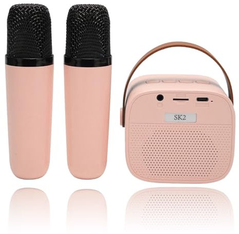 Mini Karaoke Machine Set, Portable Stereo Bluetooth Speaker with 2 Wireless Microphone for Kids Adults, Up to 512G Storage, Handheld Microphone for Home Party KTV (Pink)