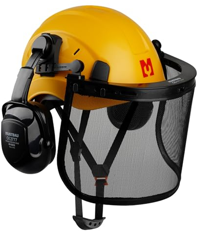 Mustbau Casco de Seguridad para Motosierra, Casco de Protección con Orejeras y Visera de Malla, 53 a 63cm Diadema Ajustable Adecuado para Silvicultura, Obras, Trabajo - Amarillo