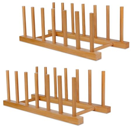 SAMEBUTECO Bamboo Wooden Dish Racks Plate Stand Holder Vertical Drainer Kitchen Cabinet Organizer for Dish, Pots, Lids, Bowls, Cups, and Cutting Boards and Books(2 Packs)