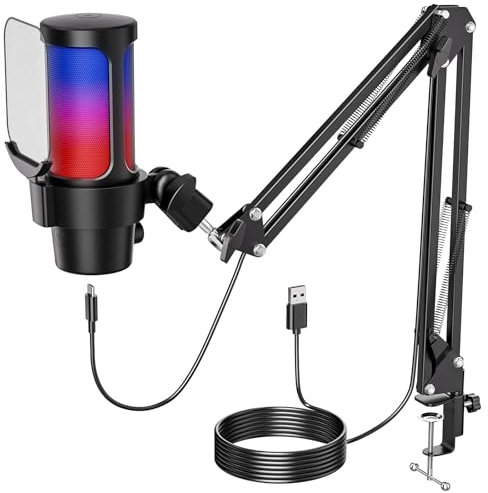 OBVHNUA - Micrófono de Condensador USB - Micrófono Streaming, RGB Microfono PC, Plug & Play PS 4&5, Filtro Anti-Pop, Silencio de Una Tecla para Podcast、Gaming、Youtube Mac&Windows (Negro-con Brazo)