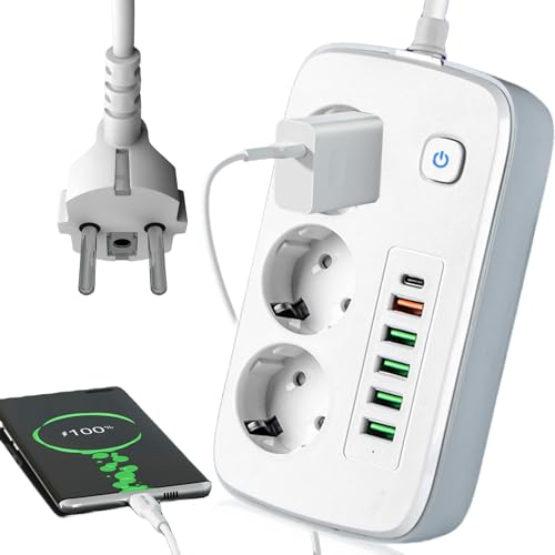 Mehrfachsteckdose mit USB, Steckdosenleiste 3 Fach mit 5 USB und 1 PD Type-C Ladeanschlüsse, 2 Meter Verlängerungskabel, Steckdosenadapter, Steckerleist Steckdosen für Smartphones Laptop iPAD(Weiß)