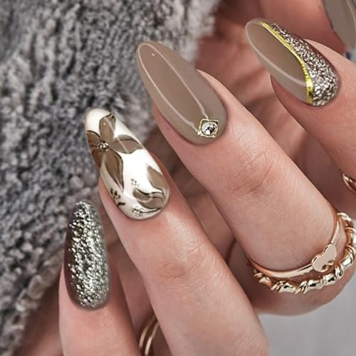 24Pcs Press On Almond False Nails - Acrylic Silver Glitter with Elegant Retro Tawny Autumn Leaf Design - Removable Glue On Oval Artificial Stick On Nails for Women