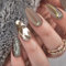 24Pcs Press On Almond False Nails - Acrylic Silver Glitter with Elegant Retro Tawny Autumn Leaf Design - Removable Glue On Oval Artificial Stick On Nails for Women