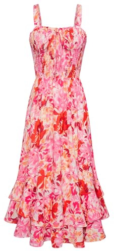 GRACE KARIN Womens Elegant Summer Floral Beach Maxi Dresses Smocked Strappy Boho Dress Dual Layer Flower Print XL