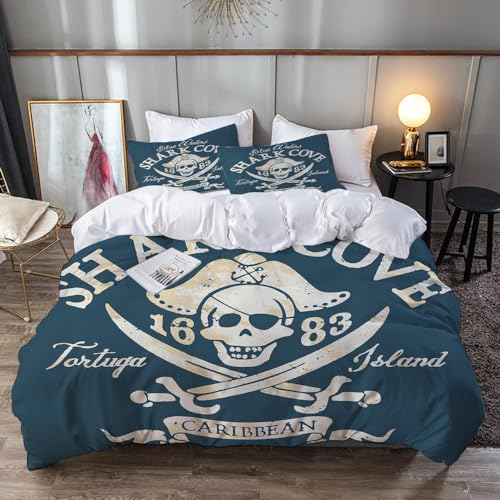 PUCHEN Bettwäsche-Sets 220 x 240 cm,Pirate Shark Cove Tortuga Island Caribbean Waters Retro Jolly Roger, Blasses Se,Bettbezug Set aus gebürsteter Mikrofaser 2X Kissenbezug 80x80 cm
