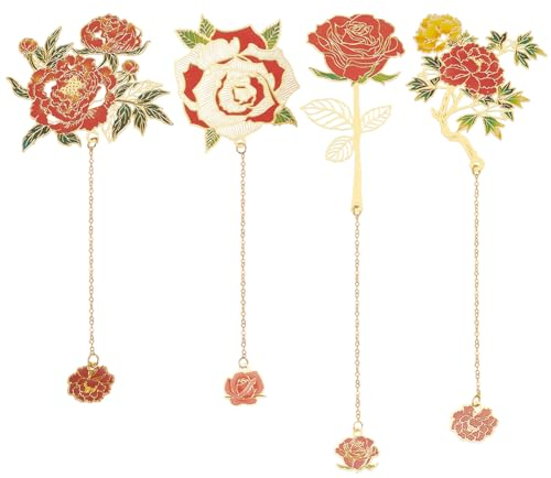INFUNLY 4 Metall-Blumen-Lesezeichen mit Kette, Rosen- und Pfingstrosen-Design, Metall-Buchmarkierungen für Leseliebhaber und Freunde, Abschlussgeschenke