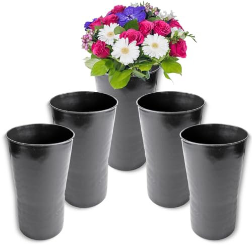 Grabvasen zum Hinstellen als frostsichere Grabdeko - 5er Runde Friedhofs-Vasen in Grau als wetterfester Kunststoff Grabschmuck - 20 x 14 cm Blumenvase zum Stellen für Urnengrab Grabstein