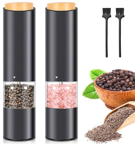 JYPS Macina Pepe Elettrico - Macina Sale Pepe Elettrico Set di 2 Pezzi, Luce LED, Rugosità Regolabile, Grinder Elettrico per Pepe A Batteria- Operazione Automatica Saliera e Pepiera - Nero