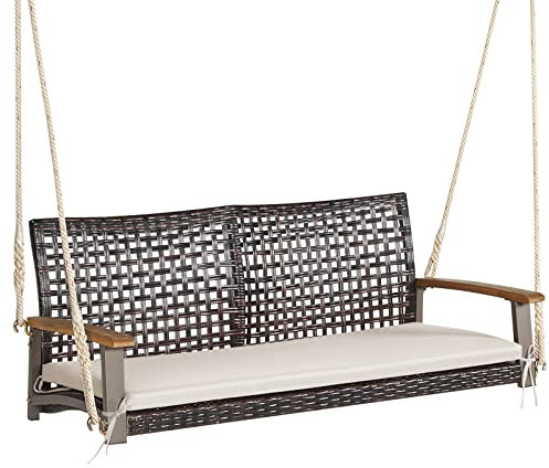 COSTWAY Schaukelbank 2-Sitzer, Hängebank PE-Rattan mit Kissen, Gartenschaukel zum Aufhängen, bis 360 kg, Hollywoodschaukel mit Akazienholz-Armlehnen, Schaukel für Garten Balkon Veranda, Weiß