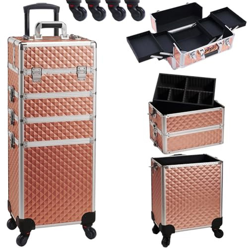 BAKAJI Trolley Make Up 4 in 1 Professionale con Trama Oleografica a Triangolare, Beauty Case Estetista Portatile, Valigia Porta Trucchi con Ruote Staccabili, Valigetta Organizer Makeup Viaggio (Oro)