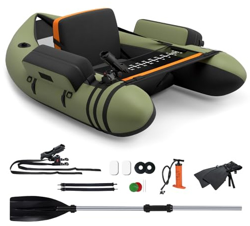 COSTWAY Belly Boat da Pesca Portatile, Gommone Gonfiabile da Pesca con Porta Canne Regolabile, Pompa, Pagaia in Alluminio, Spallacci e Kit di Riparazione, Barca da Mare con 2 Pinne, capacità 160kg