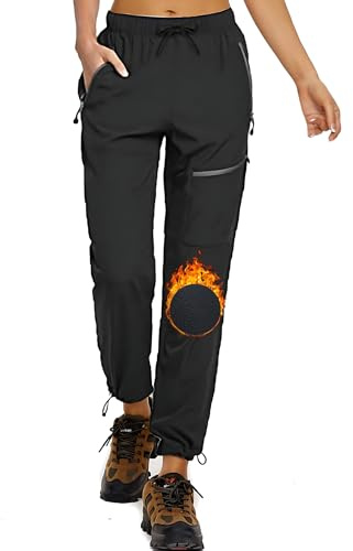 StaySlim Fleece Lined Trousers Women Cargo Pants Ladies Winter Thermal Skiing Snow Trouser with Zip Pockets Outdoor Camping Water Resistant, Black