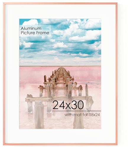24x30 Metal Picture Frame for Wall With Mat for 18x24, 24''x30'' Aluminum Photo Frames With Tempered Glass for Home Decor, Minimalist Modern Poster Frame Horizontal And Vertical Formats, Rose Gold