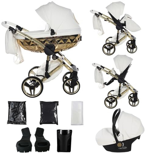 Junama Kinderwagen Diamond Hand Craft 2in1 3in1 4in1 (08 - Weiß und Gold, 3in1 mit Autositz)